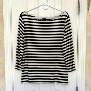 Ann Taylor Striped Black & White Top with Ruffled Edges in Yellow Contrast. EUC